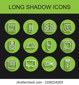 Set line Slow cooker, Smart Tv, Oven, Remote control, Electric iron, Bathroom scales and Table lamp icon. Vector