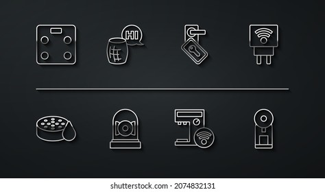 Set line Smart bathroom scales, Water sensor, electric plug, coffee machine, Ringing alarm bell, Voice assistant,  and Digital door lock icon. Vector