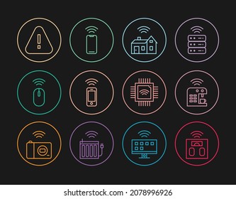 Set line Smart bathroom scales, coffee machine, home with wireless, Wireless smartphone, mouse, Exclamation mark triangle, Processor microcircuits CPU and  icon. Vector