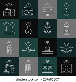Set line Smart Badezimmer Waage, Drohne, Stereo-Lautsprecher, TV-System, elektrische Stecker, Router und Wi-Fi-Signal, Zuhause mit Wireless und Ampel Symbol. Vektorgrafik