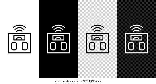 Fijar línea Icono de báscula de baño inteligente aislado en fondo blanco y negro. Equipamiento para medir el peso. Internet de cosas con conexión inalámbrica.  Vector