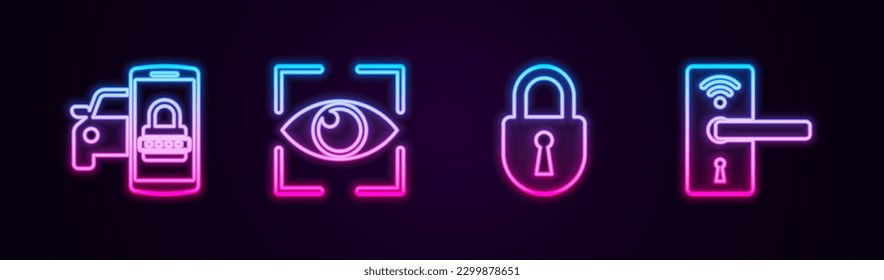 Set line Smart car security system, Eye scan, Lock and Digital door lock with wireless. Glowing neon icon. Vector