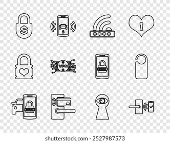 Sistema de seguridad inteligente del coche, cerradura de puerta digital con conexión inalámbrica, Wifi bloqueado, dinero, circuito de microchip VPN, ojo de cerradura y por favor no molestar icono. Vector