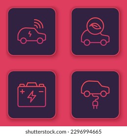 Ajuste la línea Sistema de auto inteligente, Batería de auto, Eco y Electric. Botón cuadrado azul. Vector