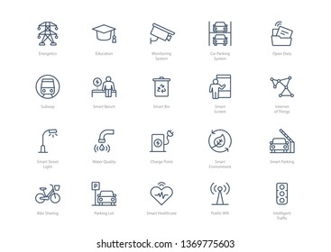 Set of line smart city icons isolated on light background. Contains such icons Energetics, Education, Charge point, Internet of Things, Car parking system and more.