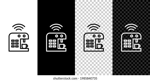 Set line Smart coffee machine system icon isolated on black and white background. Internet of things concept with wireless connection.  Vector