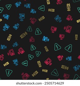 Set line Smart coffee machine, Exclamation mark triangle, stereo speaker and radio on seamless pattern. Vector