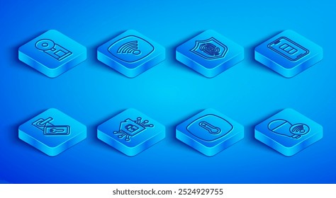 Máquina de café inteligente, red de Internet inalámbrica Wi-Fi, huellas dactilares, hogar, termostato, Recargo de batería de teléfono inteligente, cerradura de puerta digital e icono de bombilla. Vector