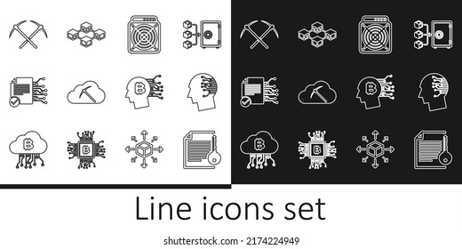 Set line Smart contract, Brain as digital circuit board, ASIC Miner, Cryptocurrency cloud mining, Crossed pickaxe, Bitcoin think and Blockchain technology icon. Vector