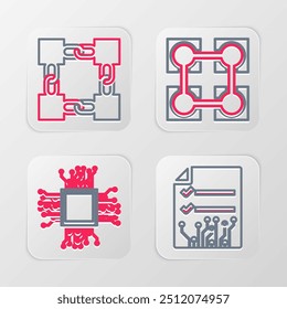 Contrato inteligente, cerebro como placa de circuito digital, tecnología Blockchain e icono. Vector
