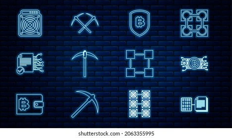 Set line Smart contract, Cryptocurrency bitcoin in circuit, Shield with, Pickaxe, ASIC Miner, Blockchain technology and Crossed pickaxe icon. Vector