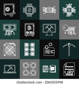 Set line Smart contract, Pickaxe, Cryptocurrency key, bitcoin in circuit, Proof of stake, with,  and Mining monitor and pickaxe icon. Vector
