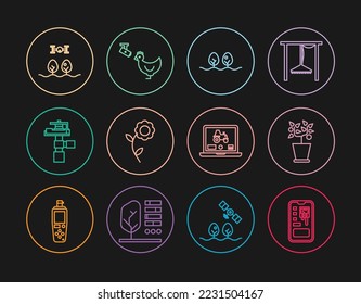Set-Line Intelligente Bewirtschaftungssysteme, Pflanzentopf, Blume, automatische Bewässerungssprenger, mit Drohne, Laptop-Anwendung für Smart und Chicken und Kamera Icon. Vektorgrafik