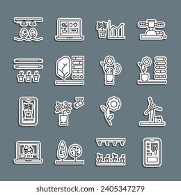 Set line Smart control farming system, Wind turbine, Flower status, statistics, Plant, with bulb and plant,  and technology icon. Vector