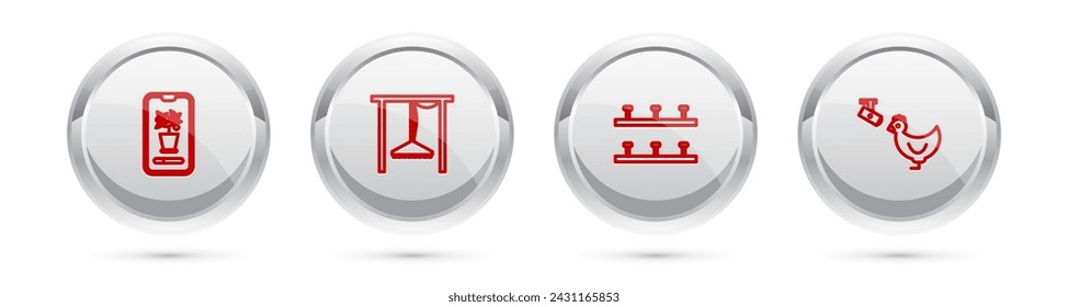 Set line Smart control farming system, Automatic irrigation sprinklers,  and Chicken and camera. Silver circle button. Vector