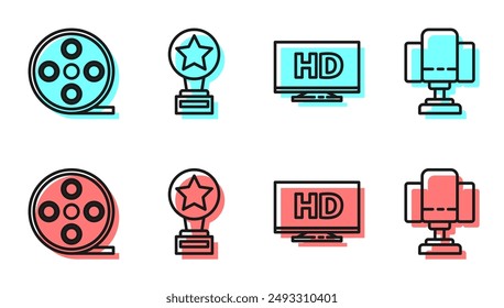 Set line Smart-Display mit HD-Video, Filmrolle, Filmtrophäe und Regisseur-Filmstuhl-Symbol. Vektorgrafik