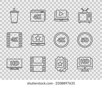 Set line Smart display with HD video, Monitor, Online, Play Video, Paper glass water, Laptop star, Cinema ticket and 5d virtual reality icon. Vector