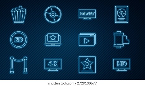 Set-Line Smart-Display mit HD-Video, Kamera Vintage Film Roll Cartridge, Screen-TV, Laptop-Stern, 5d virtuelle Realität, Popcorn-Box, Online-und CD-DVD-Disk-Symbol. Vektorgrafik