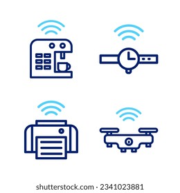 Indique el icono de línea Smart drone, printer, Smartwatch y máquina de café. Vector