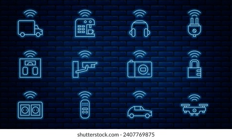 Set-Line Smartphone, Safe-Kombinationsschloss, Kopfhörer, Sicherheitskamera, Badwaage, LKW, Foto und Kaffeemaschine Symbol. Vektorgrafik