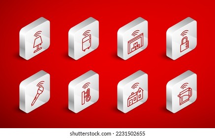 Set Line Smart elektrischen Wasserkocher, Kühlschrank, Lager, sichere Kombination Schloss, Haus mit Wireless, Tischlampe, Thermometer und Wireless Mikrofon Symbol. Vektorgrafik