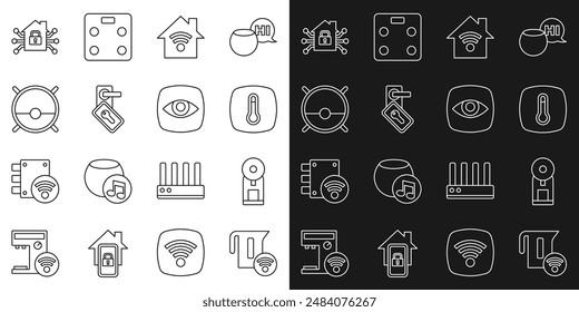 Set line Smart electric kettle, coffee machine, Thermostat, home with wi-fi, Digital door lock, Robot vacuum cleaner,  and Security camera icon. Vector