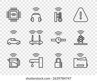 Set line Smart electric kettle, printer, thermometer, water tap, Processor with microcircuits CPU, Router and wi-fi signal, safe combination lock and Wireless antenna icon. Vector