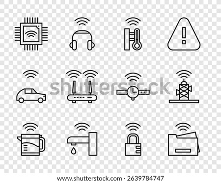 Set line Smart electric kettle, printer, thermometer, water tap, Processor with microcircuits CPU, Router and wi-fi signal, safe combination lock and Wireless antenna icon. Vector