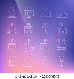 Set line Smart electric plug, Router and wi-fi signal, photo camera, Wireless keyboard, bathroom scales, printer,  and street light icon. Vector