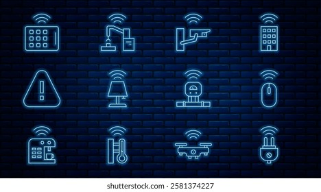 Set line Smart electric plug, Wireless mouse, security camera, table lamp, Exclamation mark in triangle, tablet, sensor and Robotic robot arm hand factory icon. Vector