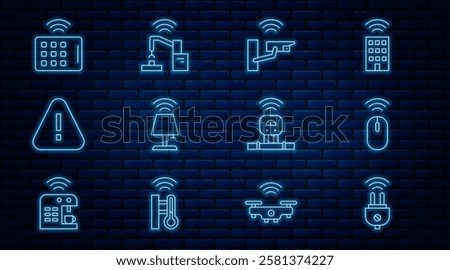 Set line Smart electric plug, Wireless mouse, security camera, table lamp, Exclamation mark in triangle, tablet, sensor and Robotic robot arm hand factory icon. Vector