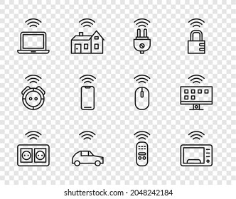 Línea de salida eléctrica inteligente, horno microondas, enchufe, sistema de auto con conexión inalámbrica, portátil inalámbrico, smartphone, control remoto e icono de Tv. Vector