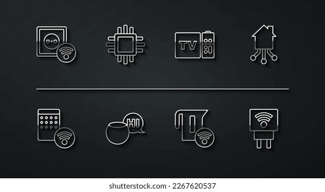 Fijar línea toma eléctrica inteligente, humidificador de aire, hogar, hervidor, asistente de voz, Procesador con CPU, enchufe y Multimedia y receptor de caja de TV. Vector