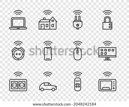 Set line Smart electrical outlet, microwave oven, plug, car system with wireless, Wireless laptop, smartphone, remote control and Tv icon. Vector