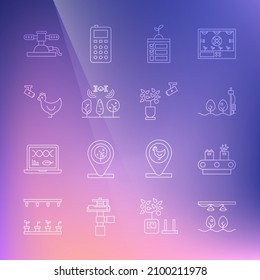 Fijar línea de granja inteligente con bombilla y planta, caja de cinturón de transporte, sensor independiente, tecnología de cultivo, drone, cámara de pollo, rociadores de riego automático e icono. Vector