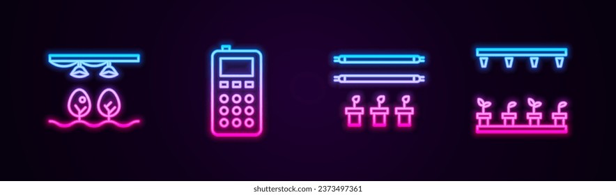 Set line Smart farm with bulb and plant, Remote control,  and Automatic irrigation sprinklers. Glowing neon icon. Vector