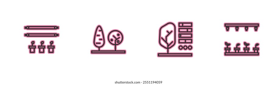 Definir linha Smart farm com bulbo e planta, status da planta, Árvores e automática irrigação sprinklers ícone. Vetor