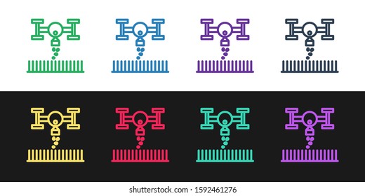 Set line Smart farm with drone control for seed planting icon isolated on black and white background. Innovation technology for agricultural company.  Vector Illustration