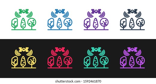Set line Smart farm with drone control and tree icon isolated on black and white background. Innovation technology for agricultural company.  Vector Illustration