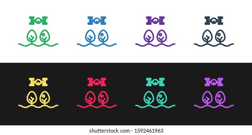 Set line Smart farm with drone control and tree icon isolated on black and white background. Innovation technology for agricultural company.  Vector Illustration