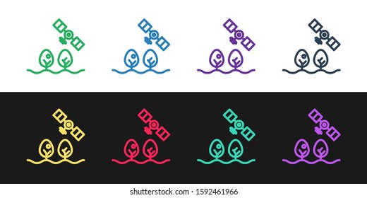 Set line Smart farm with drone control and tree icon isolated on black and white background. Innovation technology for agricultural company.  Vector Illustration