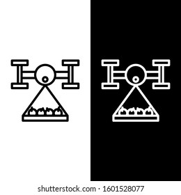 Set line Smart farm with drone control collects harvest icon isolated on black and white background. Innovation technology for agricultural company.  Vector Illustration