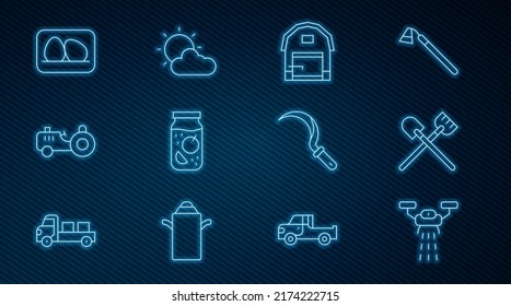 Fijar la línea de granja Smart con drone, Shovel, Farm house, Jam jar, Tractor, Huevo de pollo, Sickle y Sun e icono del clima de nube. Vector