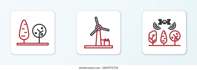 Set line Smart farm with drone, Trees and Wind turbine icon. Vector