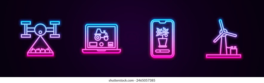 Set line Smart farm with drone, Laptop application for smart, control farming system and Wind turbine. Glowing neon icon. Vector