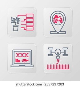 Set line Smart farm with drone, Genetic engineering modification, Tractor and location and Flower analysis icon. Vector