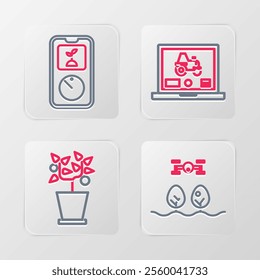 Set line Smart farm with drone, Plant in pot, Laptop application for smart and farming technology icon. Vector