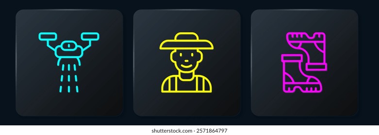 Set line Smart farm with drone, Waterproof rubber boot and Farmer in the hat. Black square button. Vector