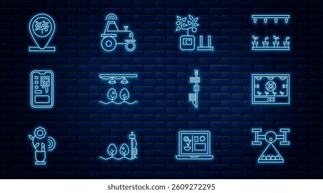 Set line Smart farm with drone, farming technology, bulb and plant, control system, Location tree, Standalone sensor and Wireless tractor smart icon. Vector