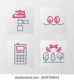 Set line Smart farm with drone, Remote control, Plant and Automatic irrigation sprinklers icon. Vector
